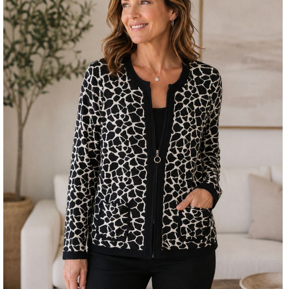 Misook Zip Cardigan Black White Giraffe Print Size SP Old Money Quiet Luxury